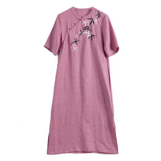 HM-S511竹子绣花中国风立领盘扣改良式旗袍裙中袖高端亚麻刺绣新款连衣裙 商品图4