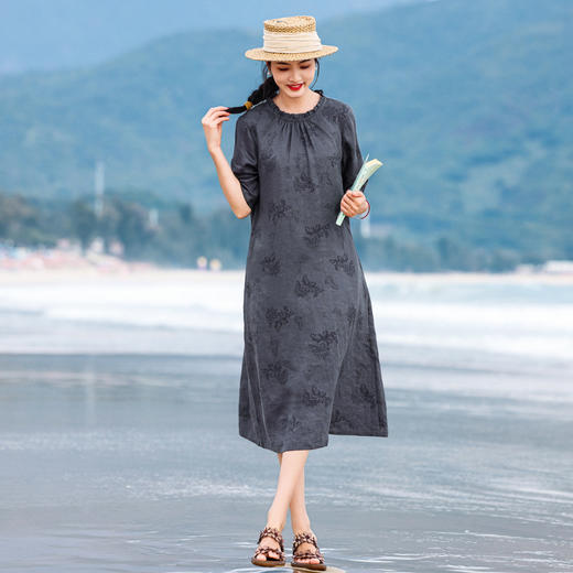 HM-S502原创高端亚麻女装夏季新款国风蝴蝶烧花A字裙花边圆领中袖连衣裙 商品图0