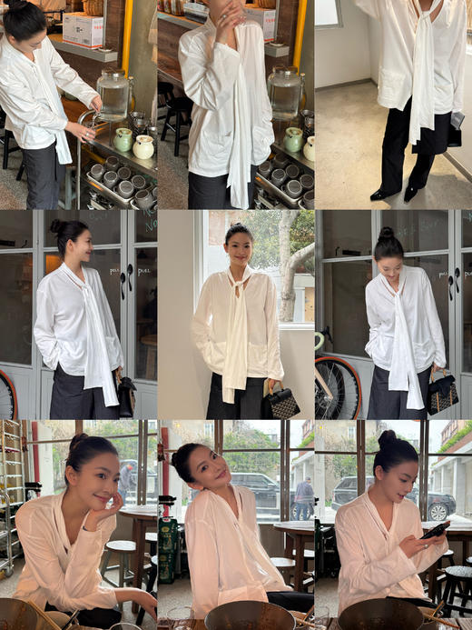 HIDEMI甄选进口纯棉纱线极简围巾T恤设计感V领口袋长袖纽扣衬衫女 商品图4