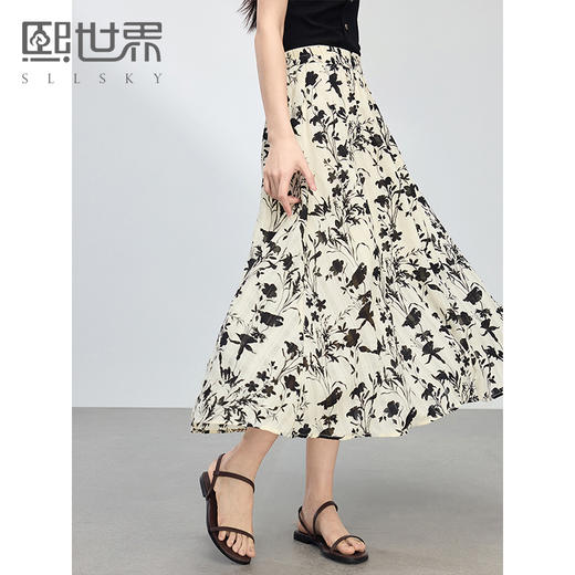 【专属特价】熙世界国风水墨碎花半身裙女25夏季新款气质黑色晕染印花a字长裙 商品图0