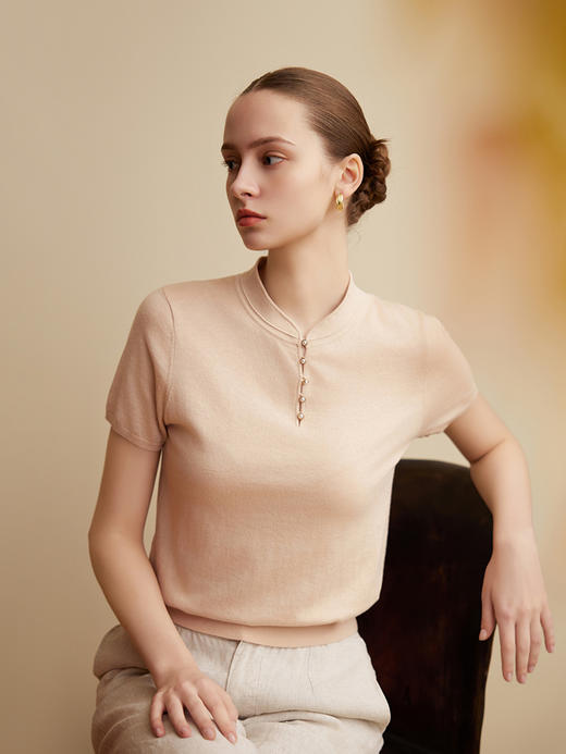 【圆领短袖针织套衫】25年春夏新品女士国风盘扣薄款套衫洋气百搭上衣 商品图2