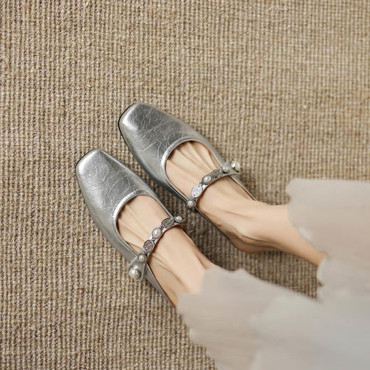 阿么手工女鞋气质银色包头拖配裙子夏季方头一字带穆勒半拖女4CM 商品图4