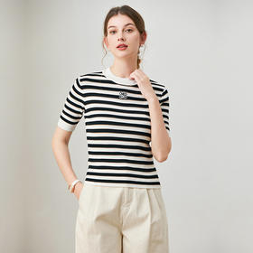 【自】全新升级【铂金会员247/天猫329/差价82】(01323) 洛诗琳冰丝针织衫女2025夏季显瘦圆领气质条纹t恤上衣女