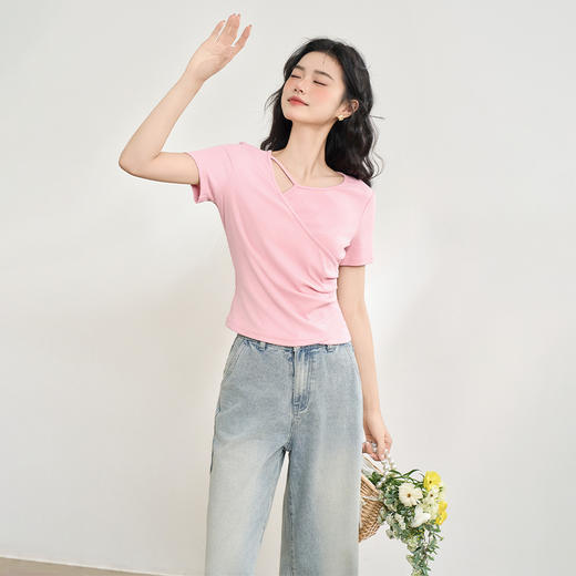 【不规则剪裁】设计感短袖T恤女夏季捏褶收腰短款T恤V0950597 商品图3