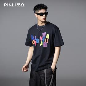PINLI品立2025夏季新款男士圆领字母章仔绣花短袖T恤BG252111043