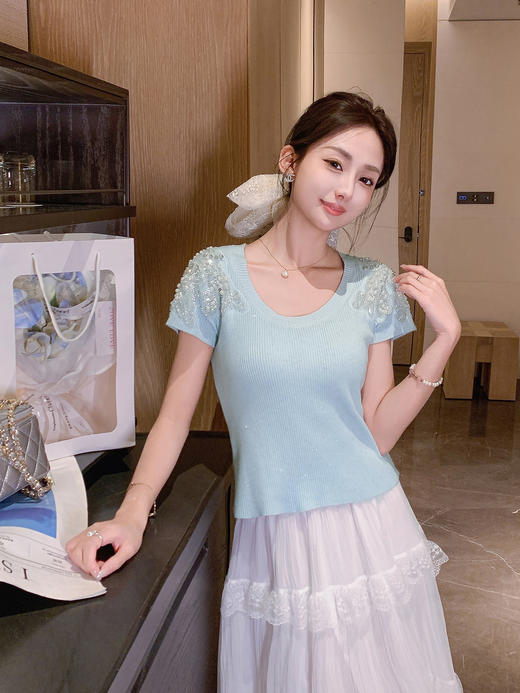 张心子【铂钻天使】夏款重工显瘦针织弹力上衣 U2504052 商品图4