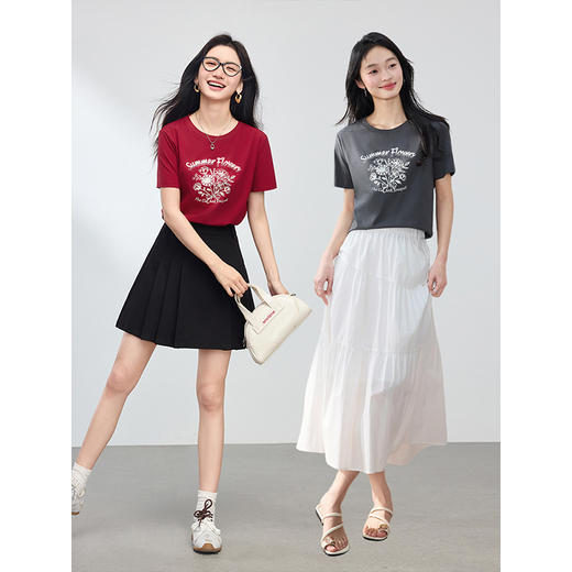 【专属特价】熙世界荷叶莲花印花正肩T恤女夏季2025新款宽松显瘦圆领短袖上衣 商品图1