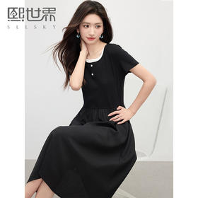 【专属特价】熙世界莱赛尔假两件黑色连衣裙女短袖收腰显瘦长裙子2025夏季新款