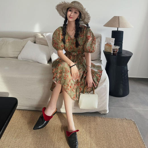 洛诗琳15852优雅气质连衣裙夏季新款苎麻收腰显瘦V领印花裙0692 商品图3