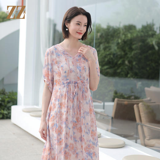 佐尔美夏季新款气质碎花桑蚕丝真丝V领连衣裙女E32LS54 商品图2