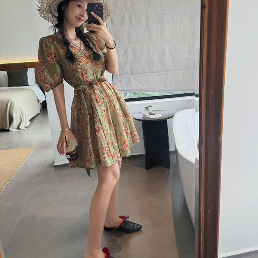 洛诗琳15852优雅气质连衣裙夏季新款苎麻收腰显瘦V领印花裙0692 商品图4