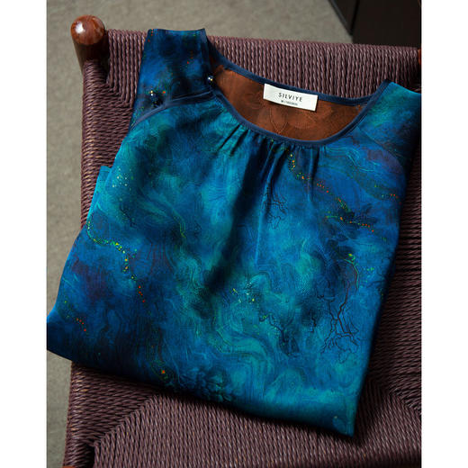 丁摩 真丝花罗香云纱上衣深海蓝圆领宽松七分袖小衫YSDS020 商品图1