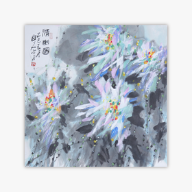 许固令《清幽图》国画原作68CM*68CM 手绘宣纸荷花斗方作品【GH0508】