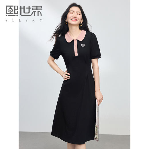 熙世界通勤撞色polo领连衣裙女短袖夏新款收腰显瘦中长裙t恤裙子 商品图0