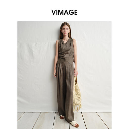 VIMAGE纬漫纪垂坠松弛感阔腿遮肉通勤亚麻高腰休闲裤夏季新款V2305919 商品图1