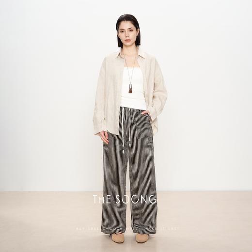 THESOONG"腔调共生"100%天然亚麻黑白条纹中腰休闲裤HWKZ6640 商品图6