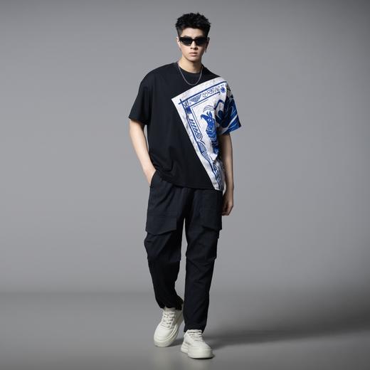 PINLI品立2025夏季新款国潮印花拼接短袖T恤潮牌宽松休闲男士上衣B252111026 商品图5