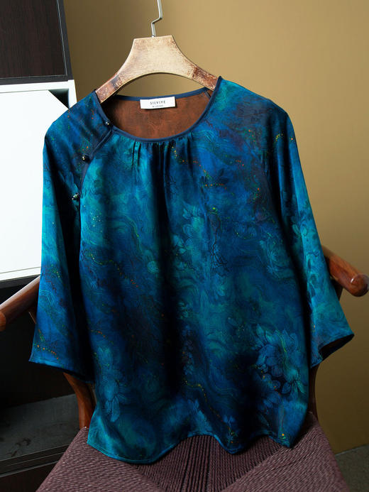 丁摩 真丝花罗香云纱上衣深海蓝圆领宽松七分袖小衫YSDS020 商品图5