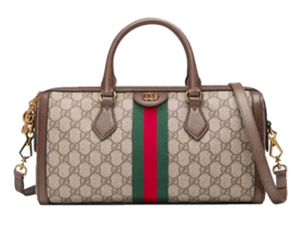 GUCCI古驰 Ophidia 老花Logo条纹织带 帆布拼皮单肩斜挎手提包中号  乌木色/棕色