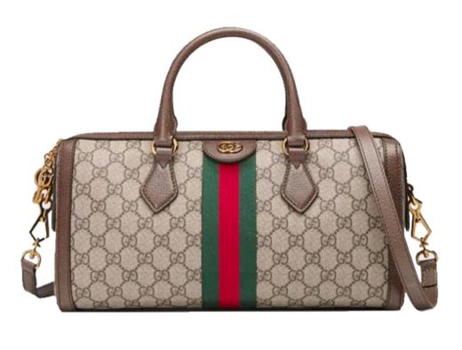 GUCCI古驰 Ophidia 老花Logo条纹织带 帆布拼皮单肩斜挎手提包中号  乌木色/棕色 商品图0