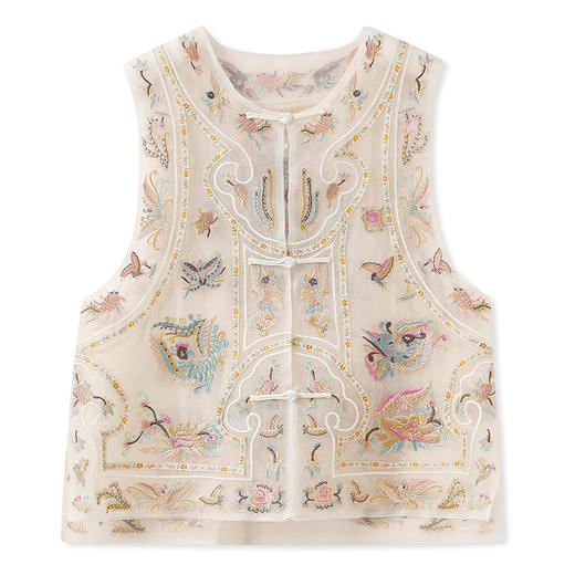 SS N2022国风盘扣提花刺绣背新中式复古桑蚕丝马甲 商品图1