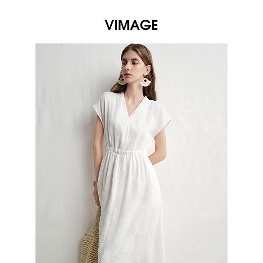 VIMAGE纬漫纪度假风连袖收腰亚麻小白裙A字连衣裙夏季新款V2307915 商品图3
