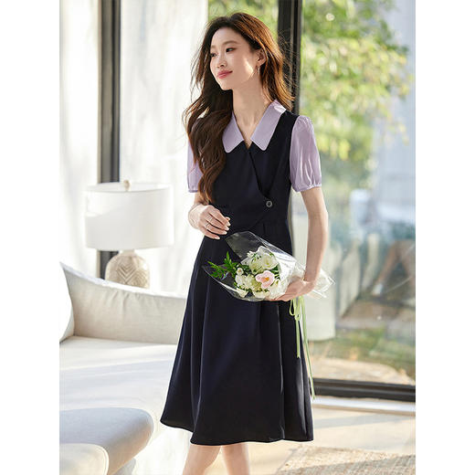 【专属特价】熙世界通勤职场学院风假两件连衣裙女短袖法式收腰长裙子2025夏季 商品图4