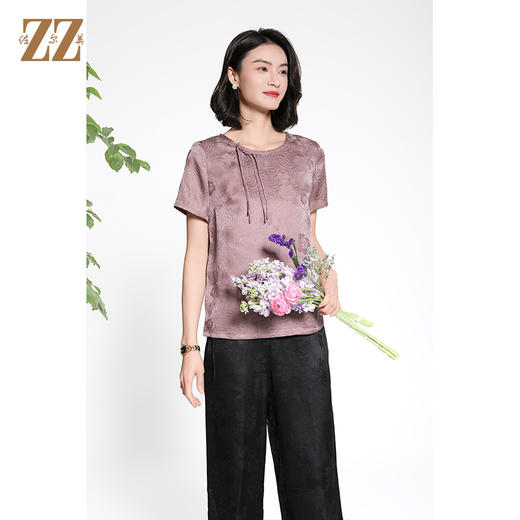 佐尔美夏季新款新中式国风时尚气质100%桑蚕丝短袖衬衫女M42CS20 商品图2