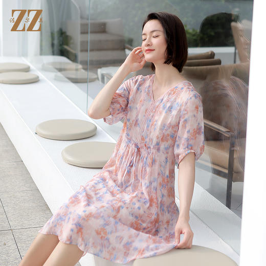 佐尔美夏季新款气质碎花桑蚕丝真丝V领连衣裙女E32LS54 商品图1