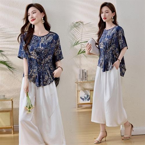 HRYYG82959气质时尚丝短袖套装2025夏季新款减龄遮肉阔腿裤裙两件套女装 商品图1