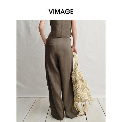 VIMAGE纬漫纪垂坠松弛感阔腿遮肉通勤亚麻高腰休闲裤夏季新款V2305919 商品图4