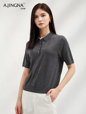 【干练飒美】阿菁娜POLO领绞花肌理短袖羊毛衫F30C301011
