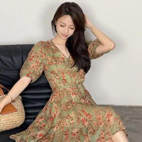 洛诗琳15852优雅气质连衣裙夏季新款苎麻收腰显瘦V领印花裙0692