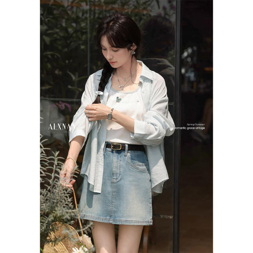 鹿向南「静海晴空」浅蓝色复古半身裙夏季新款高腰短款牛仔裙子女L55172 商品图2