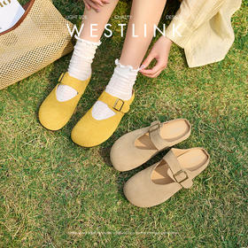 西遇勃肯鞋女半拖新款春夏一脚蹬懒人鞋黄色玛丽珍包头拖鞋V0156619