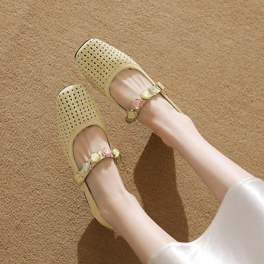 【预售5天】牛皮方头气质一字带单鞋春夏新款编织粗跟百搭休闲鞋女ZF&25098 商品图1