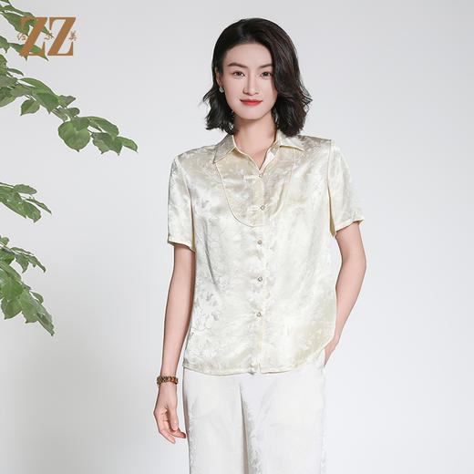 佐尔美夏季新款新中式气质桑蚕丝短袖衬衫女上衣M42CS05 商品图0