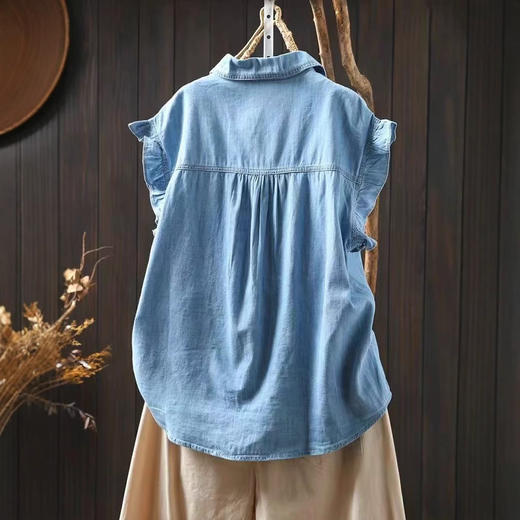 雀说夏季新款荷叶边飞飞袖棉牛仔衬衫女小个子薄休闲减龄上衣AL1108 商品图2