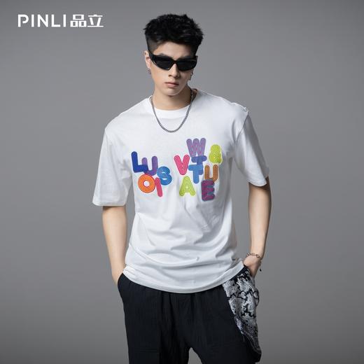 PINLI品立2025夏季新款男士圆领字母章仔绣花短袖T恤BG252111043 商品图3