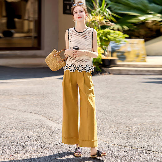 洋气镂空无袖上衣，吊带裤子显瘦阔腿裤三件套装HR-1-500 商品图0