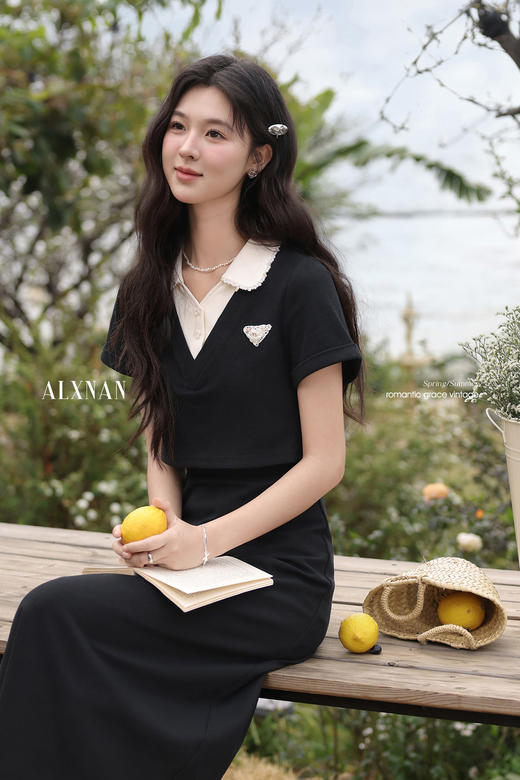 鹿向南「铃落书院」气质优雅翻领收腰短袖拼色连衣裙女夏季长裙 商品图5