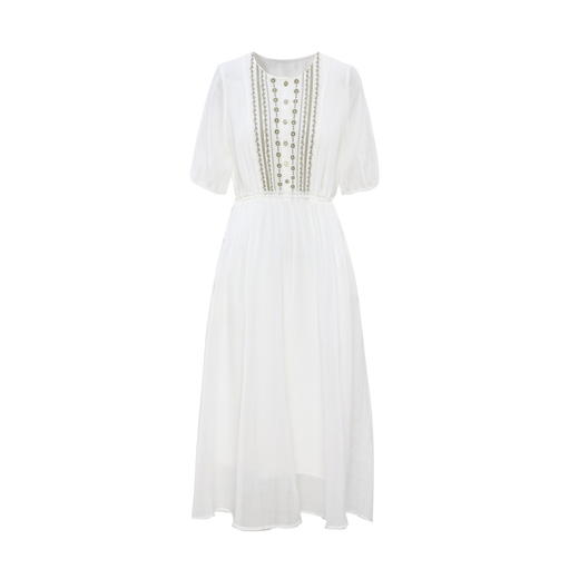 丁摩 白色飘逸细苎麻加捻刺绣短五分袖系带大码显瘦连衣裙HS25803 商品图1