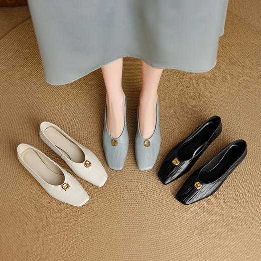 【预售5天】法式通勤羊皮方头V口百搭低跟金属扣一脚蹬玛丽珍小皮鞋女NJMK&K1560 商品图1