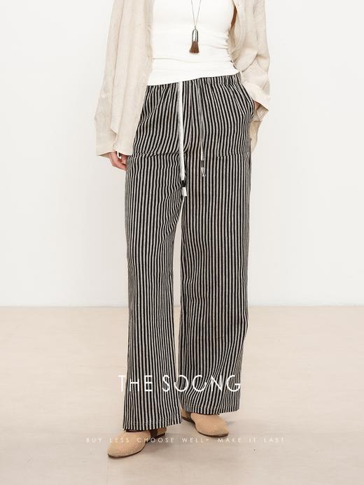 THESOONG"腔调共生"100%天然亚麻黑白条纹中腰休闲裤HWKZ6640 商品图7