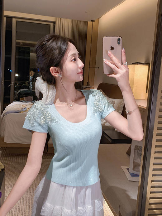 张心子【铂钻天使】夏款重工显瘦针织弹力上衣 U2504052 商品图3
