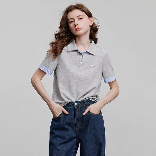 初语撞色条纹翻袖POLO衫女2025夏季新款珠地复古休闲小衫上衣 商品图2