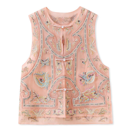 SS N2022国风盘扣提花刺绣背新中式复古桑蚕丝马甲 商品图2