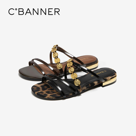 千百度豹纹平底拖鞋女款真皮一字凉拖鞋A25351281 商品图0