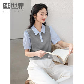 熙世界假两件POLO领条纹衬衫女短袖2025年夏季新款泡泡袖拼接上衣