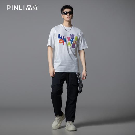 PINLI品立2025夏季新款男士圆领字母章仔绣花短袖T恤BG252111043 商品图2
